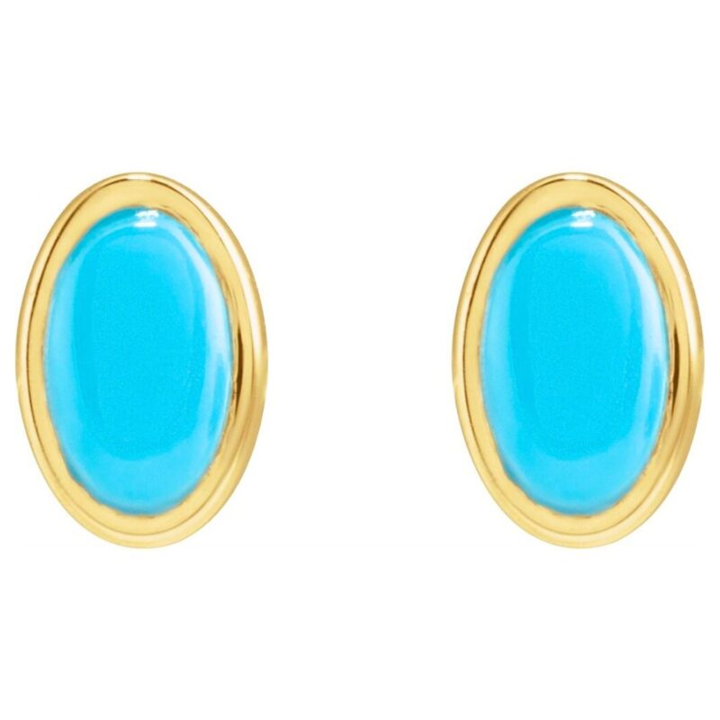 Natural Oval Cabochon Turquoise Stone Stud Earrings 14K Gold