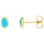 Natural Oval Cabochon Turquoise Stone Stud Earrings 14K Yellow Gold