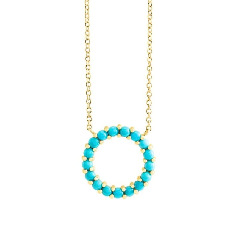 Natural Turquoise Circle Necklace 14K Yellow Gold