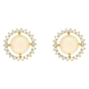 Natural White Opal Diamond Halo Stud Earrings 14K Gold
