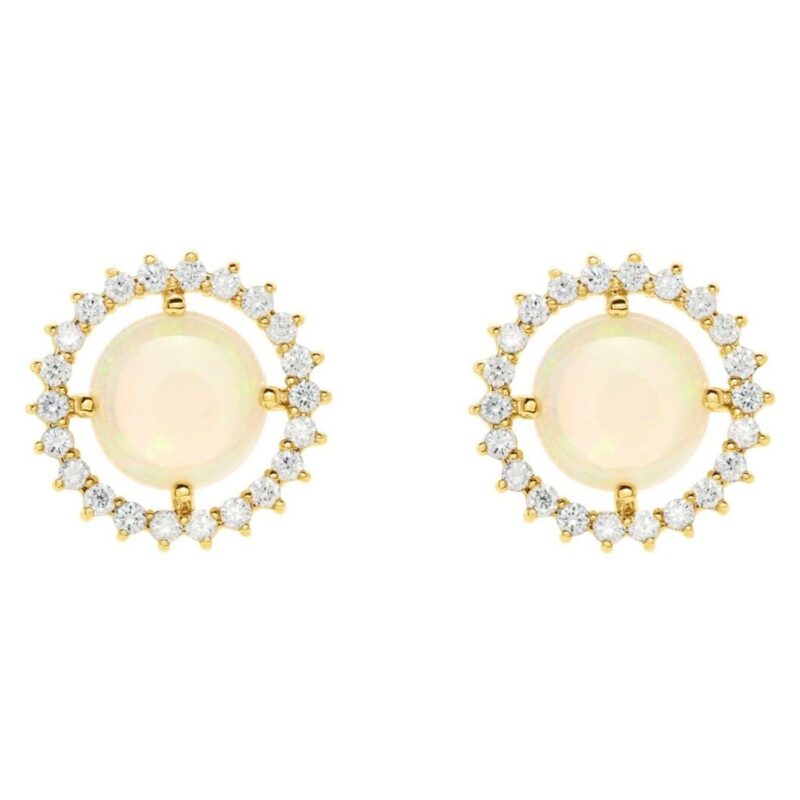 Natural White Opal Diamond Halo Stud Earrings 14K Gold