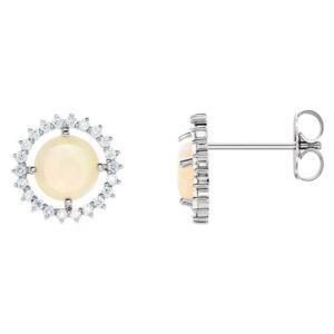 Natural White Opal Diamond Halo Stud Earrings 14K White Gold