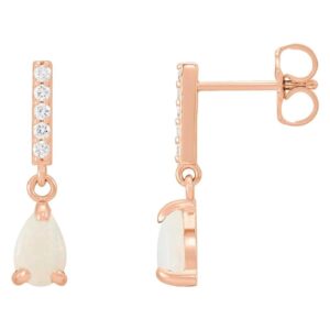 Natural White Opal and Diamond Teardrop Dangle Earrings 14K Rose Gold