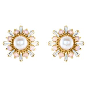 Opal and Diamond Halo Pearl Stud Earrings 14K Gold