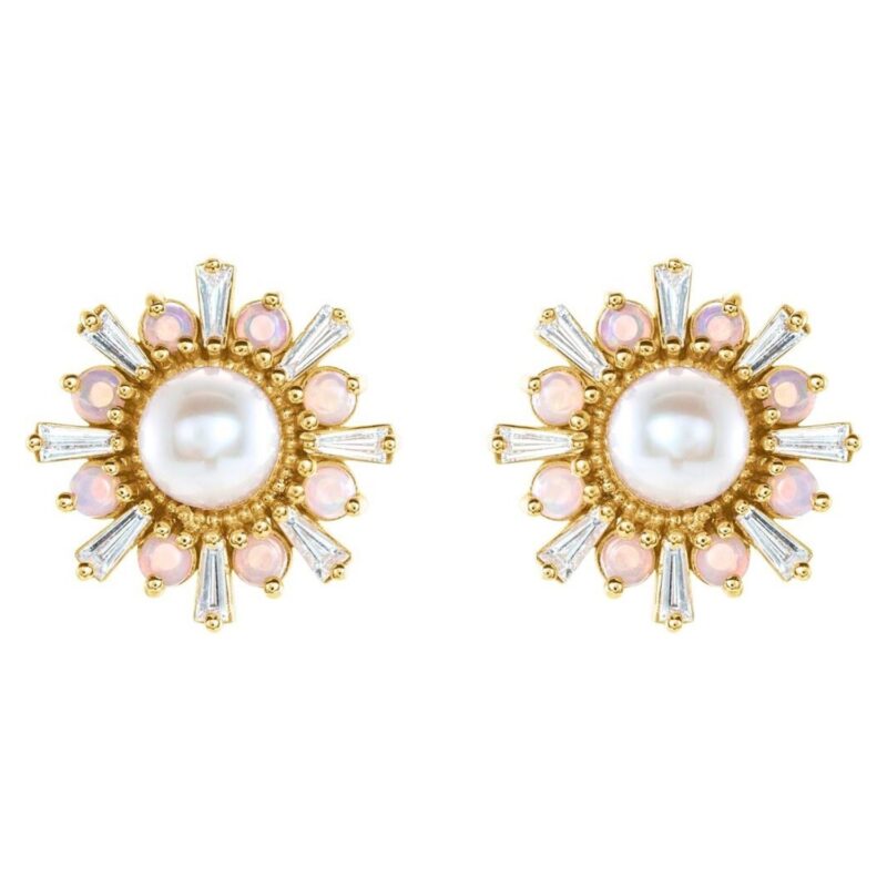 Opal and Diamond Halo Pearl Stud Earrings 14K Gold