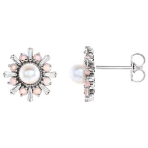 Opal and Diamond Halo Pearl Stud Earrings 14K White Gold