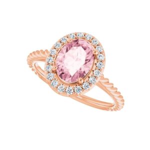 Oval Pink Morganite and Diamond Halo Ring 1 6 Ct tw 14K Rose Gold