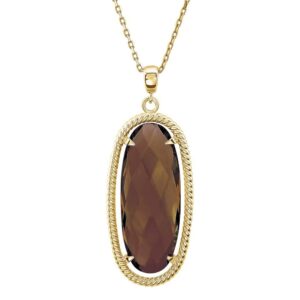 Oval Smoky Quartz Pendant Necklace 14K Gold