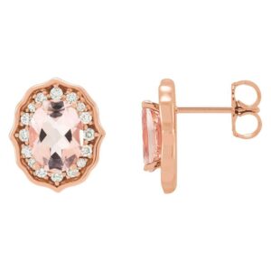 Peach Morganite and Diamond Halo Stud Earrings 14K Rose Gold 1 3 Ct tw