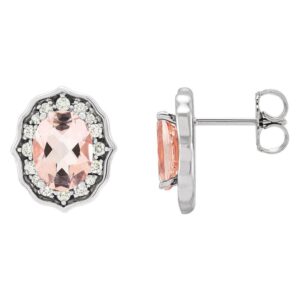 Peach Morganite and Diamond Halo Stud Earrings 14K White Gold 1 3 Ct tw