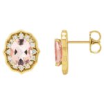 Peach Morganite and Diamond Halo Stud Earrings 14K Yellow Gold 1 3 Ct tw