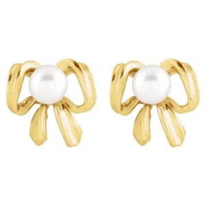 Pearl Bow Stud Earrings 14K Gold