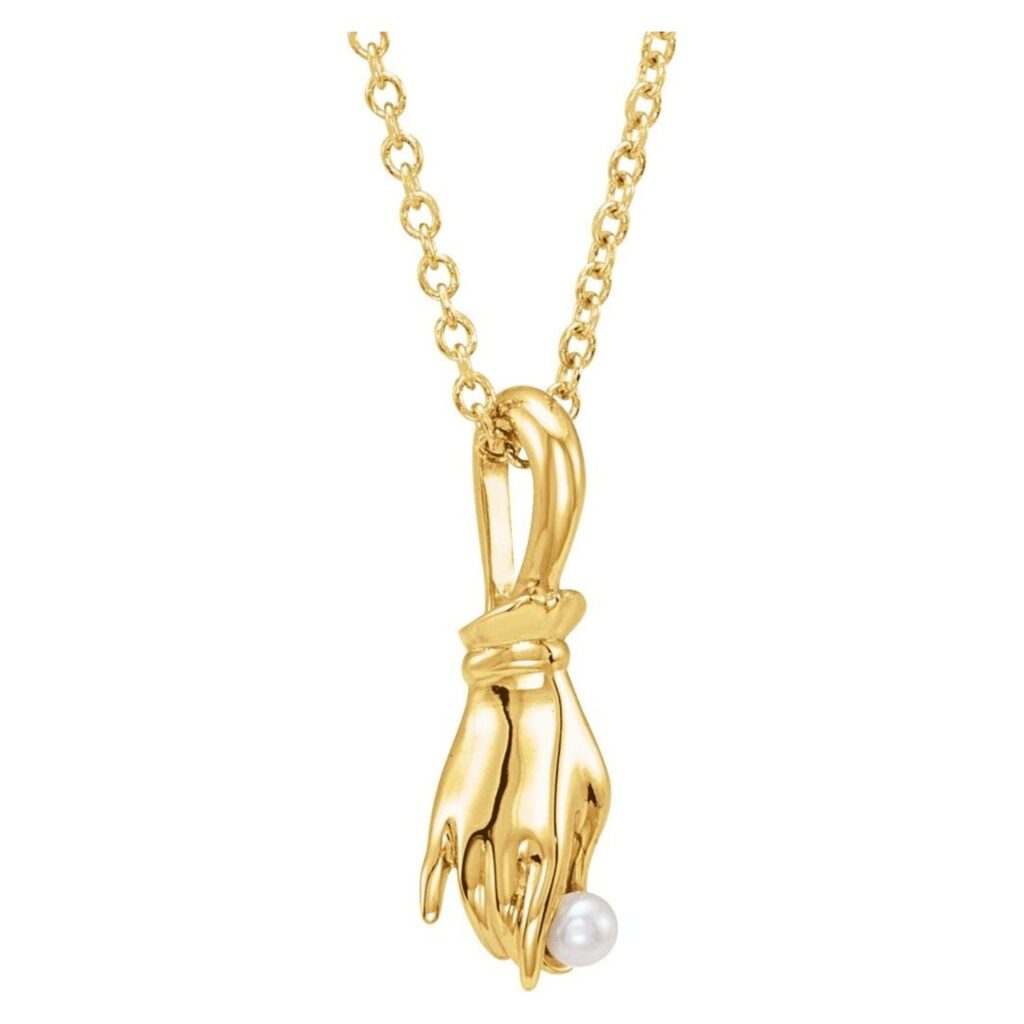 Pearl Buddha Hand Necklace 14K Yellow Gold