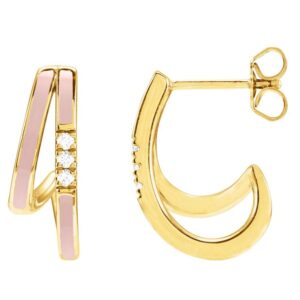 Pink Enamel Diamond Accented Double-Row Hoop Earrings 14K Yellow Gold