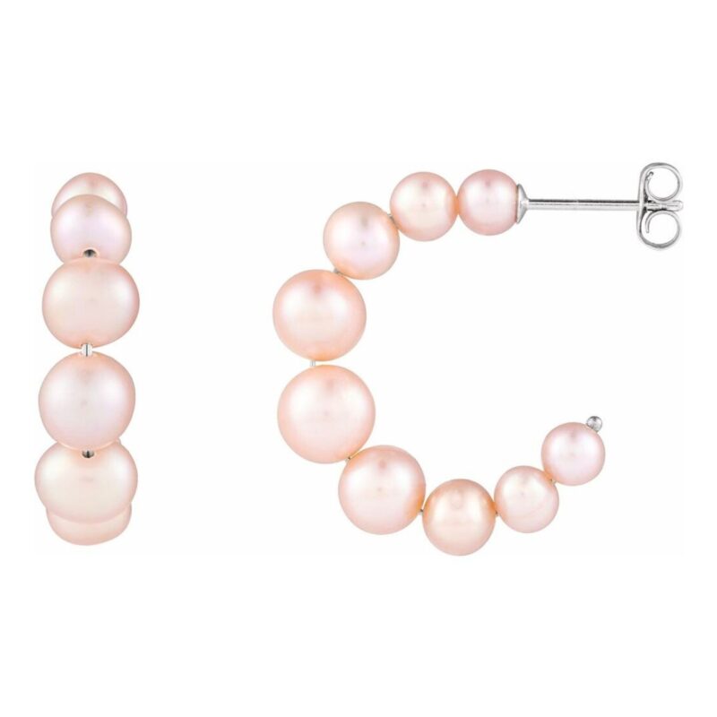 Pink Pearl Hoop Earrings Sterling Silver 25x15 mm