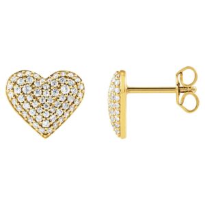 Puffed Heart Shaped Pave Diamond Stud Earrings 1 2 Carat 14K Yellow Gold