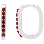 Red Garnet Elongated Oval Hoop Earrings 14K White Gold