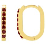 Red Garnet Elongated Oval Hoop Earrings 14K Yellow Gold