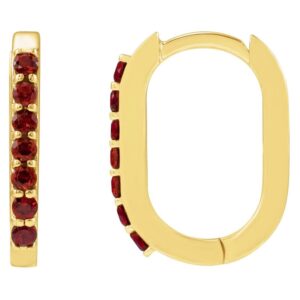 Red Garnet Elongated Oval Hoop Earrings 14K Yellow Gold