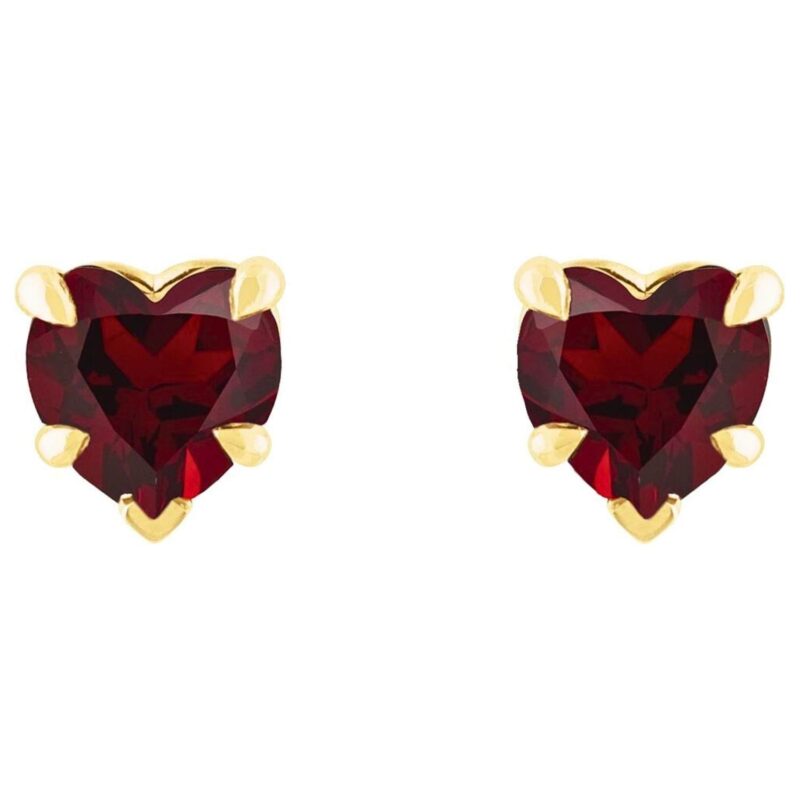 Red Garnet Heart Stud Earrings 14K Gold