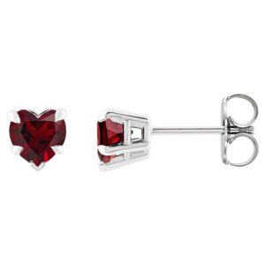 Red Garnet Heart Stud Earrings 14K White Gold
