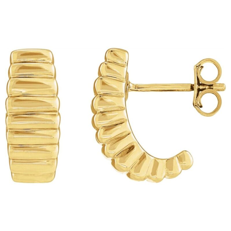 Ribbed and Puffed J Hoop Earrings 14K Yellow Gold
