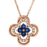Sapphire Diamond Clover Pendant Necklace 14K Rose Gold