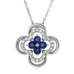 Sapphire Diamond Clover Pendant Necklace 14K White Gold