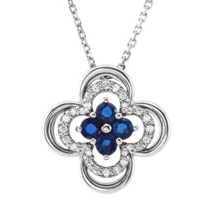 Sapphire Diamond Clover Pendant Necklace 14K White Gold