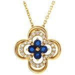 Sapphire Diamond Clover Pendant Necklace 14K Yellow Gold