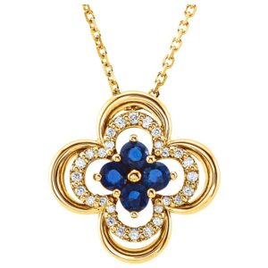 Sapphire Diamond Clover Pendant Necklace 14K Yellow Gold