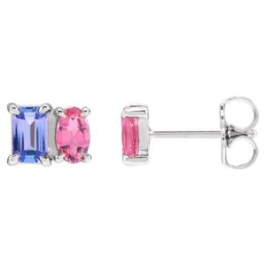 Tanzanite and Pink Tourmaline Two Stone Stud Earrings 14K White Gold