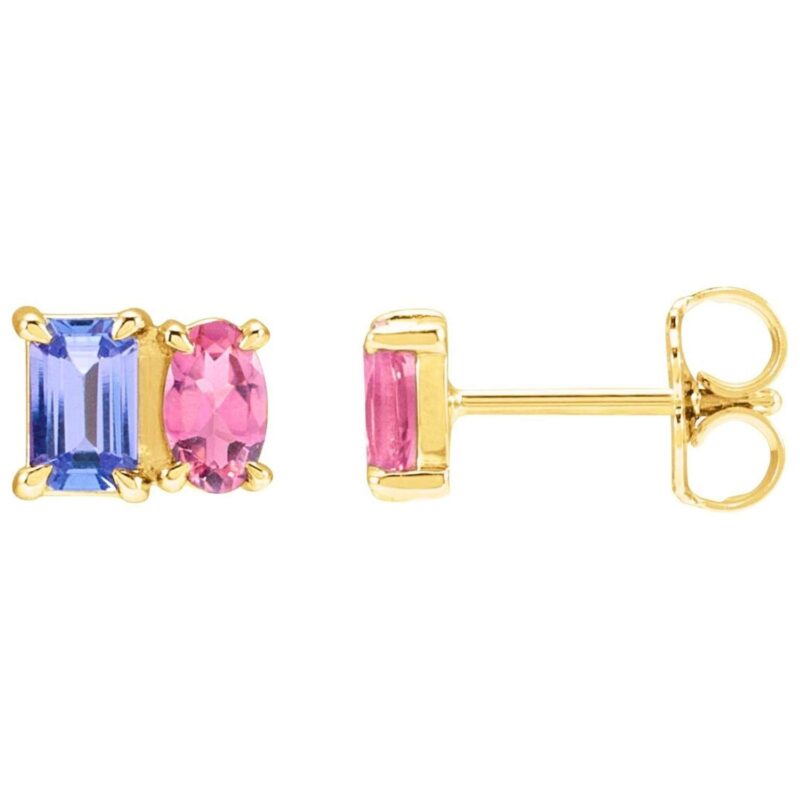 Tanzanite and Pink Tourmaline Two Stone Stud Earrings 14K Yellow Gold