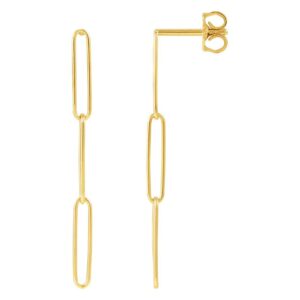 Three Link Paperclip Dangle Earrings 14K Yellow Gold Post Back