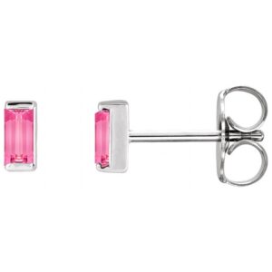 Tiny Baguette Pink Tourmaline Stud Earrings 14K White Gold