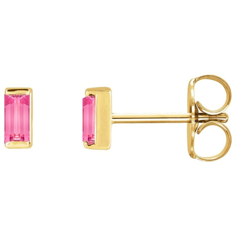 Tiny Baguette Pink Tourmaline Stud Earrings 14K Yellow Gold