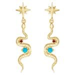 Turquoise and Ruby Snake Dangle Earrings 14K Gold