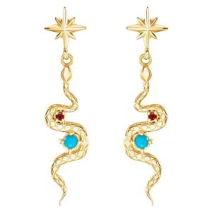 Turquoise and Ruby Snake Dangle Earrings 14K Gold
