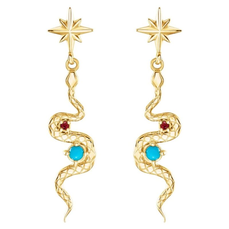 Turquoise and Ruby Snake Dangle Earrings 14K Gold