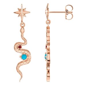 Turquoise and Ruby Snake Dangle Earrings 14K Rose Gold