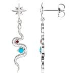 Turquoise and Ruby Snake Dangle Earrings 14K White Gold