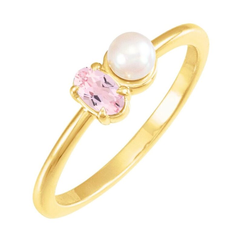 Two Stone Pink Morganite and Akoya Pearl Ring 14k Yellow Gold