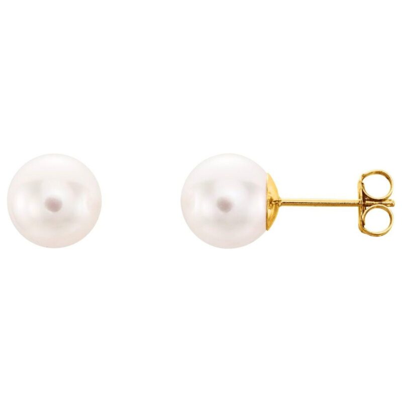White Akoya Cultured Pearl Stud Earrings 14K Yellow Gold