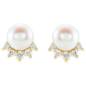 14K Gold Diamond Crown Pearl Stud Earrings