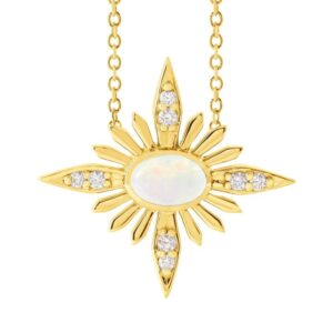 14K Gold Diamond and Opal Starburst Pendant Necklace