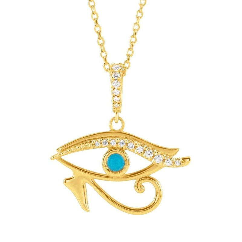 14K Gold Eye of Horus Pendant Necklace with Turquoise and Diamonds 14K Gold Eye of Horus Pendant Necklace with Turquoise and Diamonds