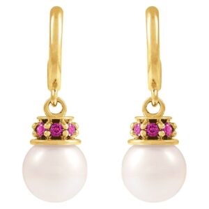 14K Gold Pink Tourmaline Pearl Dangle Hoop Earrings