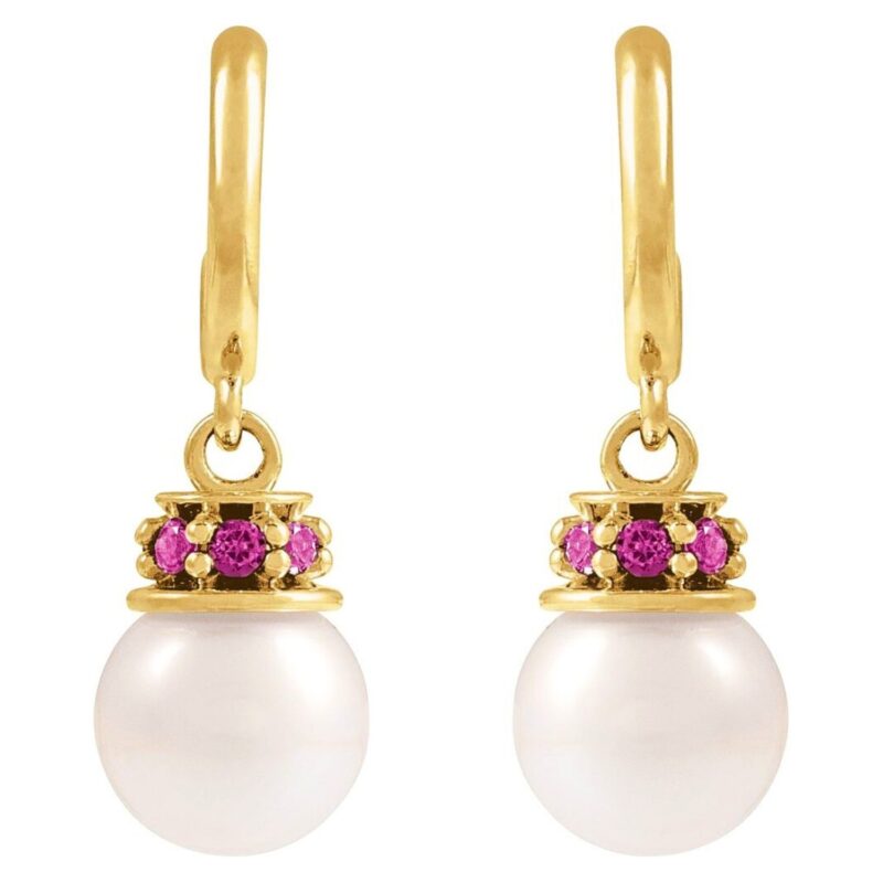14K Gold Pink Tourmaline Pearl Dangle Hoop Earrings 14K Gold Pink Tourmaline Pearl Dangle Hoop Earrings