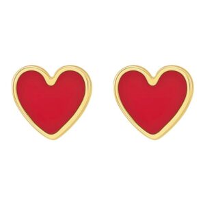 14K Gold Red Enamel Heart Stud Earrings