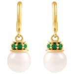 14K Gold Tsavorite Garnet and Pearl Drop Hoop Earrings
